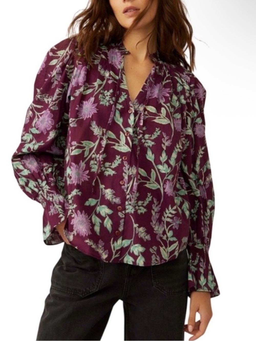 Free People Meant To Be Floral Puff-Sleeve Button-Front Blouse